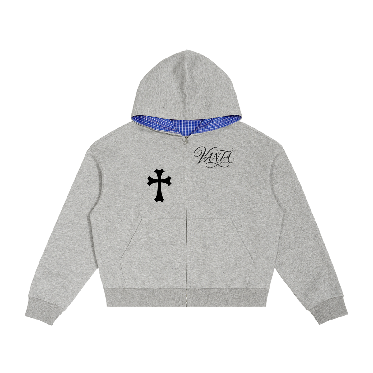 Contrast Plaid Boxy Zip Hoodie
